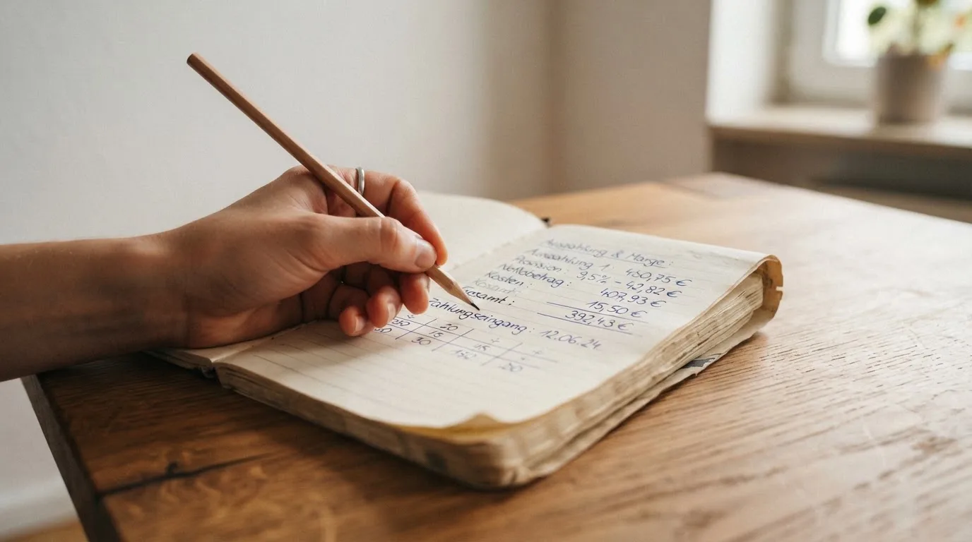 Ein Taschenrechner und ein Bleistift liegen auf einem Schreibtisch neben einem aufgeschlagenen Notizbuch mit handschriftlichen Zahlenreihen.