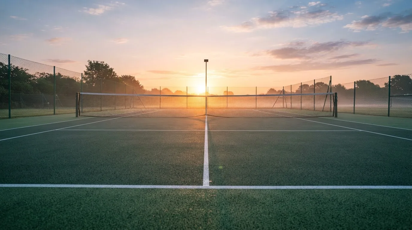 Ein Tennisplatz bei Sonnenaufgang, Netz und Grundlinien im weichen Licht, niemand ist zu sehen.