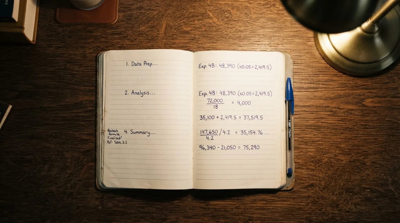 Ein Taschenrechner und ein Notizbuch mit handschriftlichen Zahlenreihen liegen auf einem Schreibtisch unter einer Lampe.