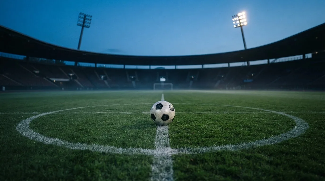 Ein Fußball liegt im Gras eines leeren Platzes, im Hintergrund stehen Flutlichtmasten in der Dämmerung.