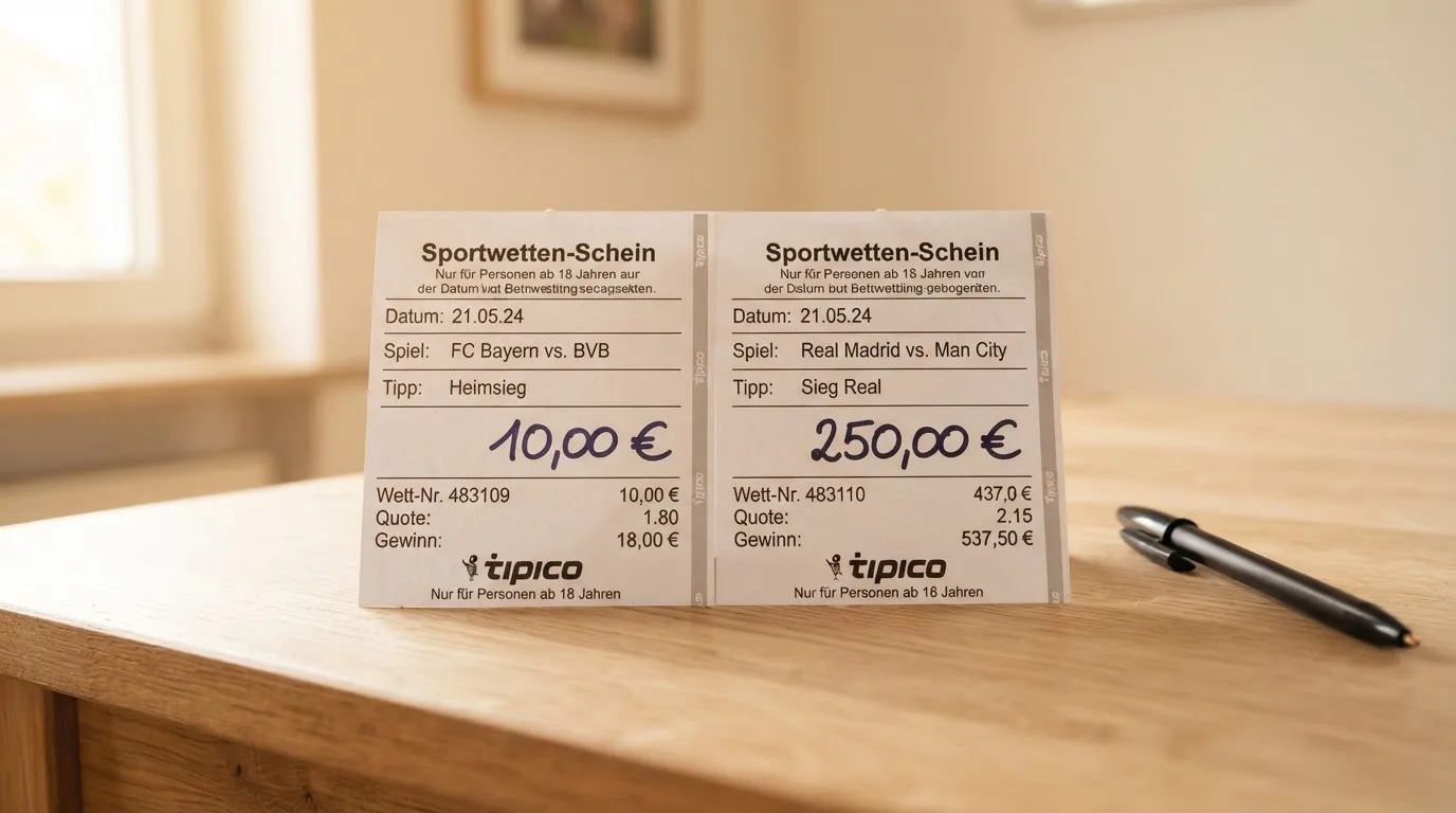 Zwei Münzenstapel unterschiedlicher Höhe stehen nebeneinander auf einem hellen Holztisch vor einer unscharfen Wand.
