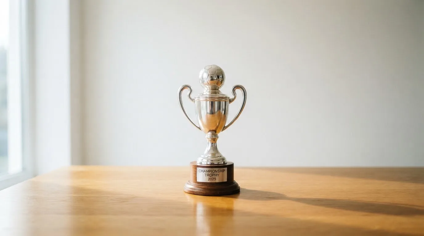 Ein Pokal ohne Gravur steht allein auf einem Holztisch vor einer hellen Wand, davon fällt ein weicher Schatten.