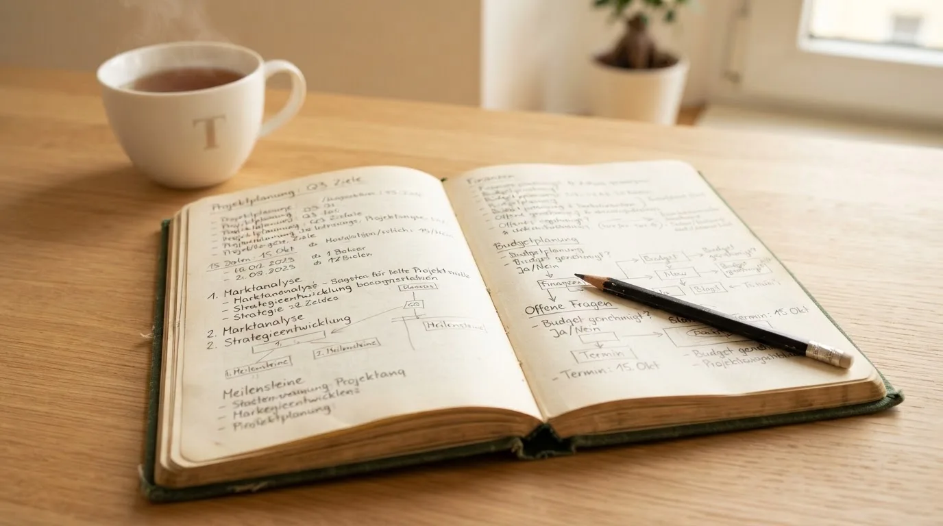 Ein aufgeschlagenes Notizbuch mit handschriftlichen Skizzen und ein Bleistift liegen auf einem Schreibtisch neben einer Tasse Tee.