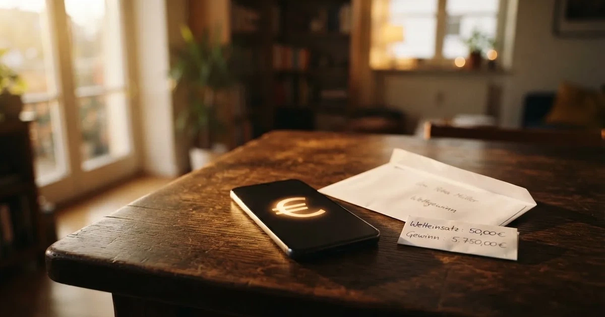 Ein leerer Umschlag und eine Münze liegen auf einer Tischplatte neben einem Smartphone mit dunklem Display.