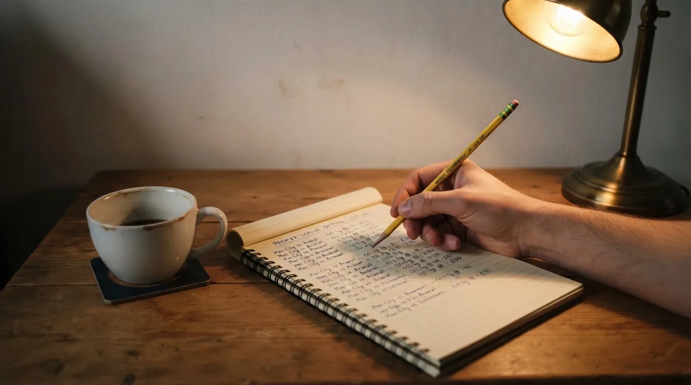 Ein Taschenrechner und ein Bleistift liegen auf einem Schreibtisch neben einer Tasse Kaffee im Licht einer Lampe.