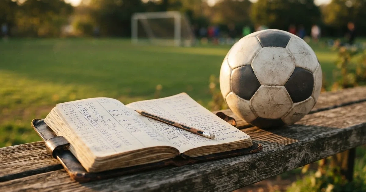 Ein Notizbuch mit handschriftlichen Zahlenkolonnen und ein Bleistift liegen neben einem Fußball auf einer Holzbank.