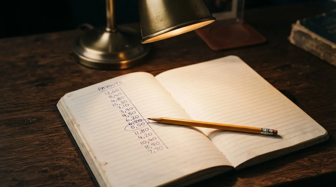Ein Taschenrechner und ein aufgeschlagenes Notizbuch mit handschriftlichen Zahlenreihen liegen unter einer Schreibtischlampe.