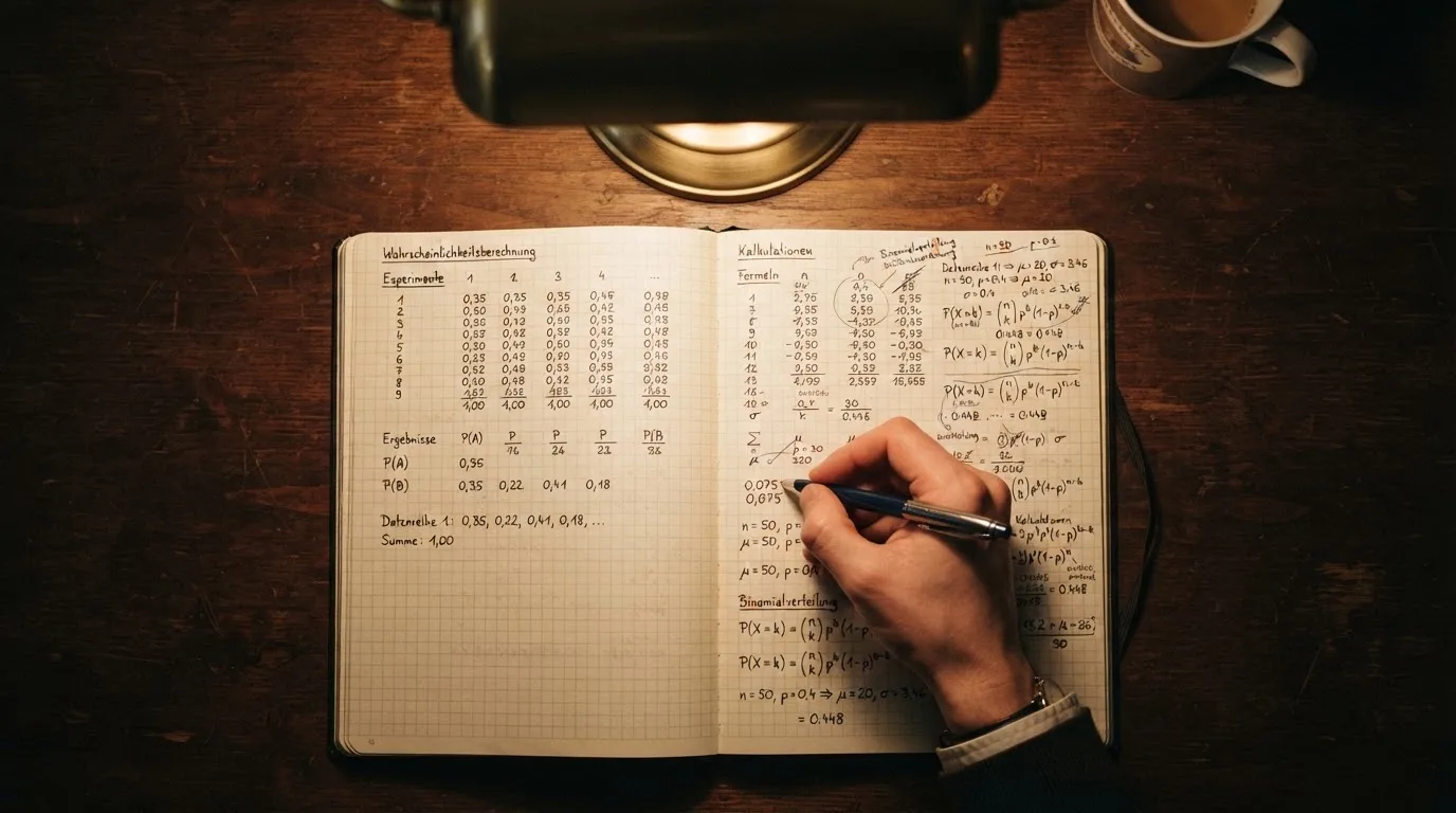 Ein Taschenrechner und ein aufgeschlagenes Notizbuch mit handschriftlichen Zahlenreihen liegen unter einer Schreibtischlampe.
