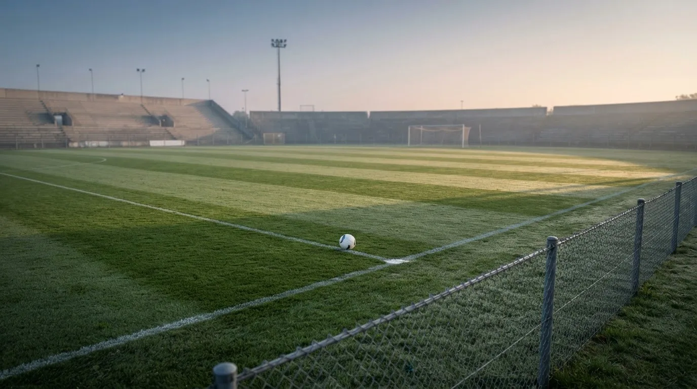 Ein Fußball liegt allein auf dem Anstoßpunkt eines leeren Rasenplatzes im Morgenlicht, am Rand ein niedriger Zaun.