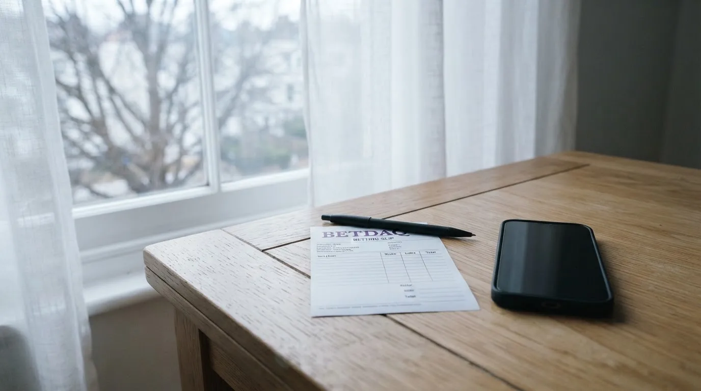Ein leerer Papier-Wettschein und ein Kugelschreiber liegen neben einem Smartphone mit dunklem Display auf einem Tisch am Fenster.