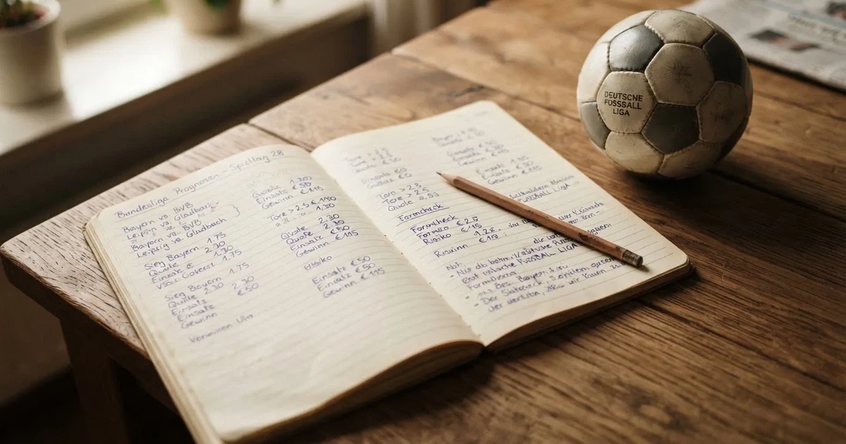 Ein Notizbuch mit handschriftlichen Notizen und einem Bleistift liegt auf einem Holztisch, daneben ein kleiner Fußball im weichen Tageslicht.