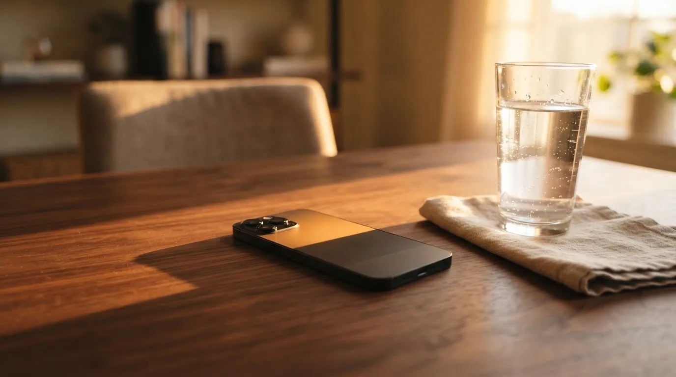 Ein Smartphone liegt mit dem Display nach unten auf einem Holztisch neben einem Glas Wasser, Abendlicht fällt durch ein Fenster.