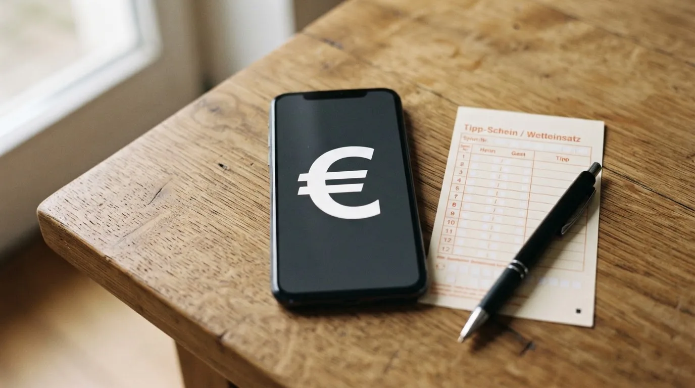Ein Smartphone mit dunklem Display liegt neben einem leeren Papier-Wettschein und einem Stift auf einem Holztisch.