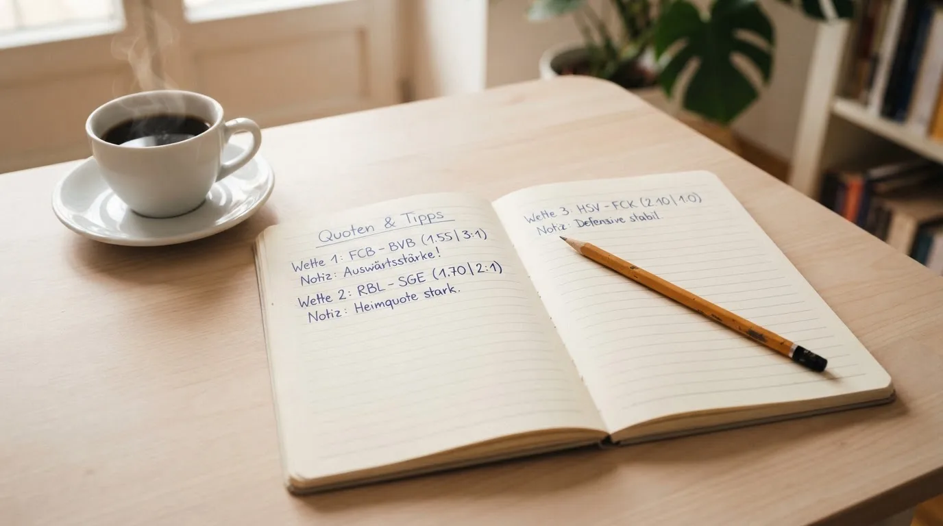 Ein Notizbuch mit handschriftlichen Notizen und einem Bleistift liegt auf einem Tisch, daneben steht eine Kaffeetasse im Morgenlicht.