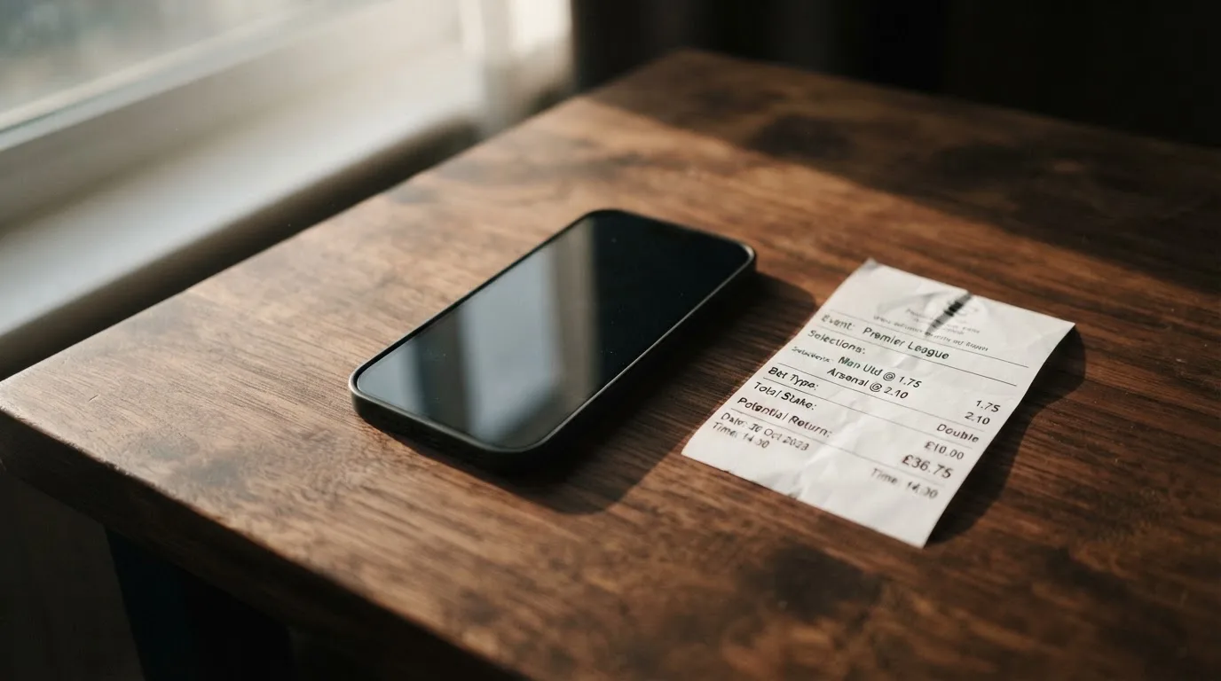 Ein Smartphone liegt mit dunklem Display auf einem Holztisch neben einem leeren Papier-Wettschein, Licht fällt von einem Fenster.