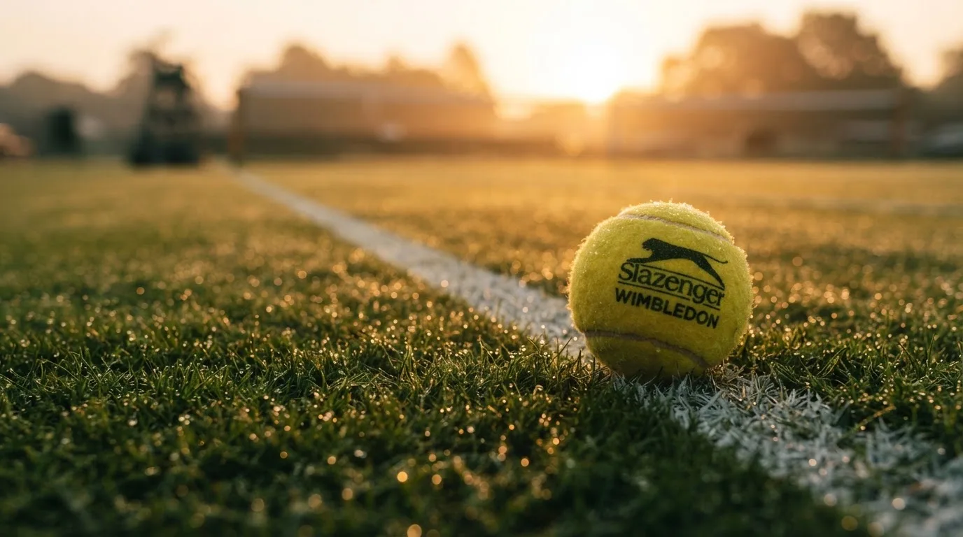 Ein Tennisball liegt auf frisch gemähtem Gras neben einer weißen Linie, Tautropfen glänzen im Gegenlicht.