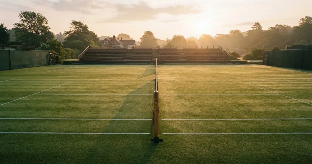 Ein Tennisplatz mit Rasenbelag im Morgenlicht, Netz und weiße Linien, im Hintergrund eine ruhige Tribüne.