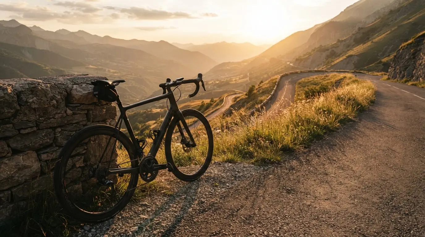 Ein Rennrad lehnt an einer Steinmauer in einer Bergkurve, im Hintergrund eine weite Hügellandschaft im Gegenlicht.