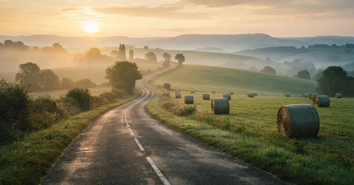 Eine Landstraße schlängelt sich durch Hügel im Morgennebel, am Straßenrand liegen Heuballen auf einem abgemähten Feld.