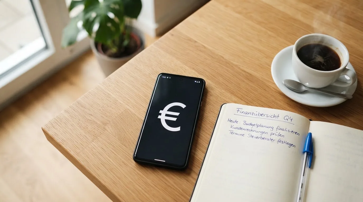 Ein Smartphone liegt auf einem Tisch neben einem Notizbuch mit handschriftlichen Notizen und einer Tasse Kaffee.