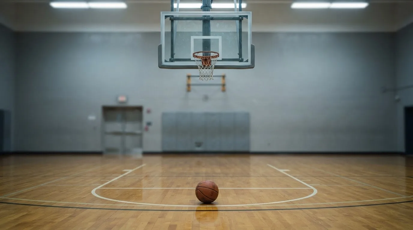 Ein Basketballkorb in einer leeren Halle, der Ball liegt unter dem Brett auf dem Parkett.