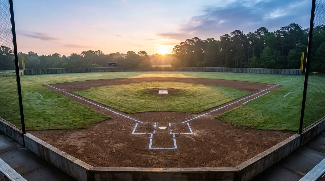 Ein Baseballfeld mit leerem Infield im Morgenlicht, die Linien frisch gezogen, keine Spieler im Bild.