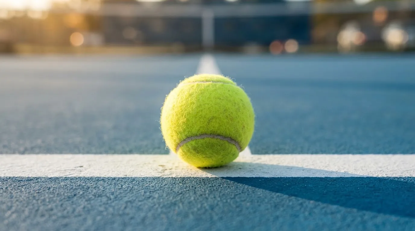 Ein Tennisball liegt in Nahaufnahme auf einer Grundlinie, dahinter verschwimmt ein leerer Platz in warmem Licht.