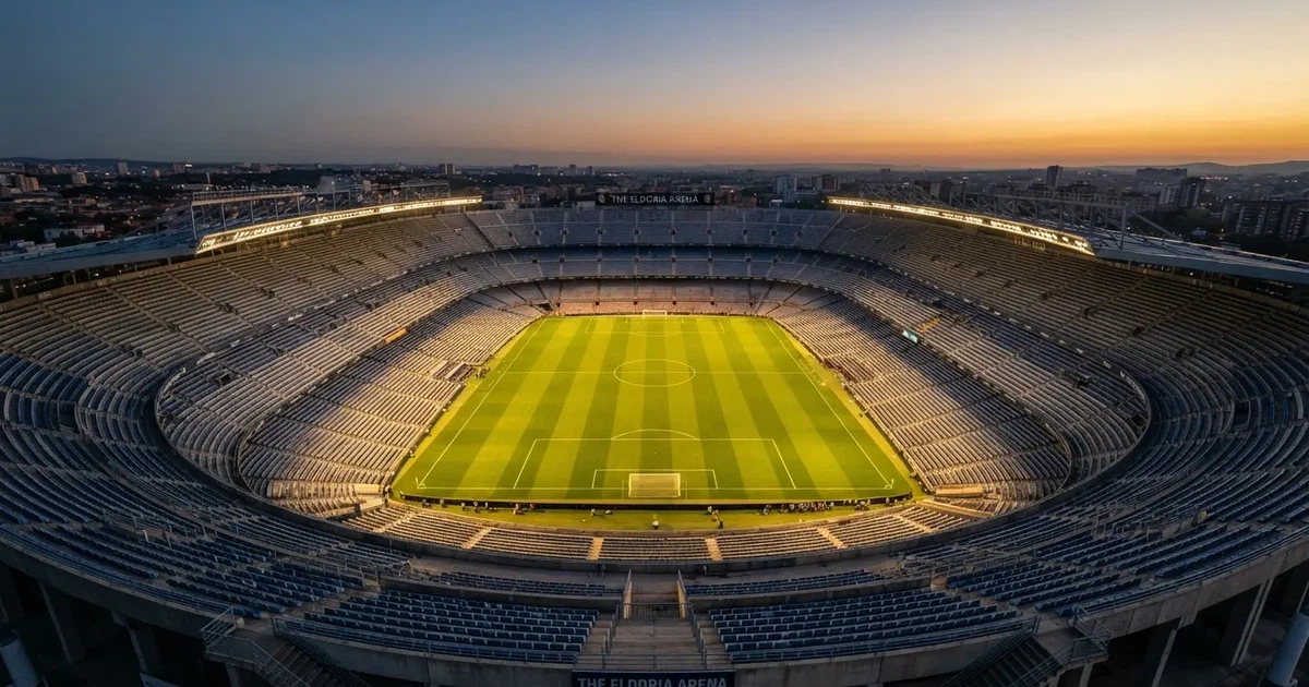 Ein riesiges Stadion in der Abenddämmerung aus der Vogelperspektive gesehen, die Lichter an den Rängen sind eingeschaltet.