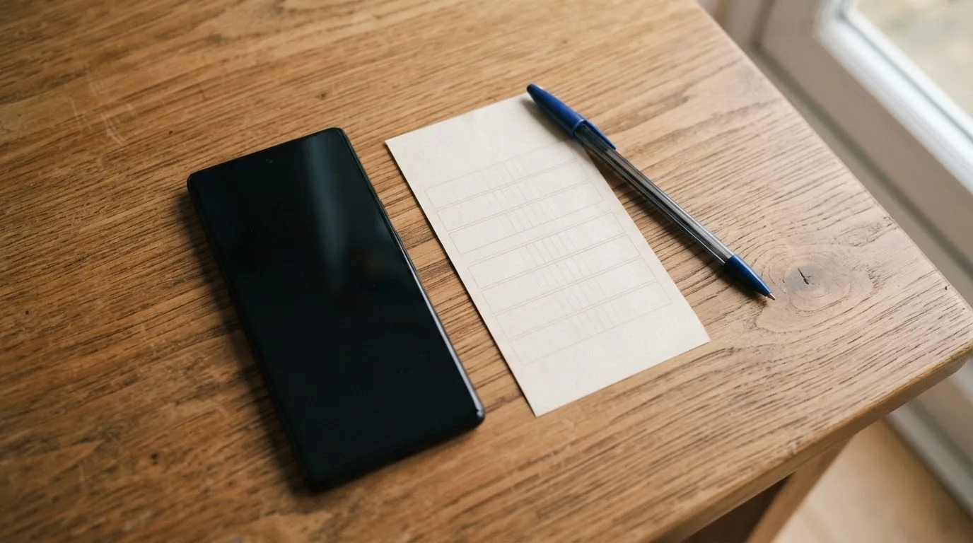 Ein Smartphone liegt mit dunklem Display neben einem leeren Papier-Wettschein und einem Stift auf einem Holztisch.