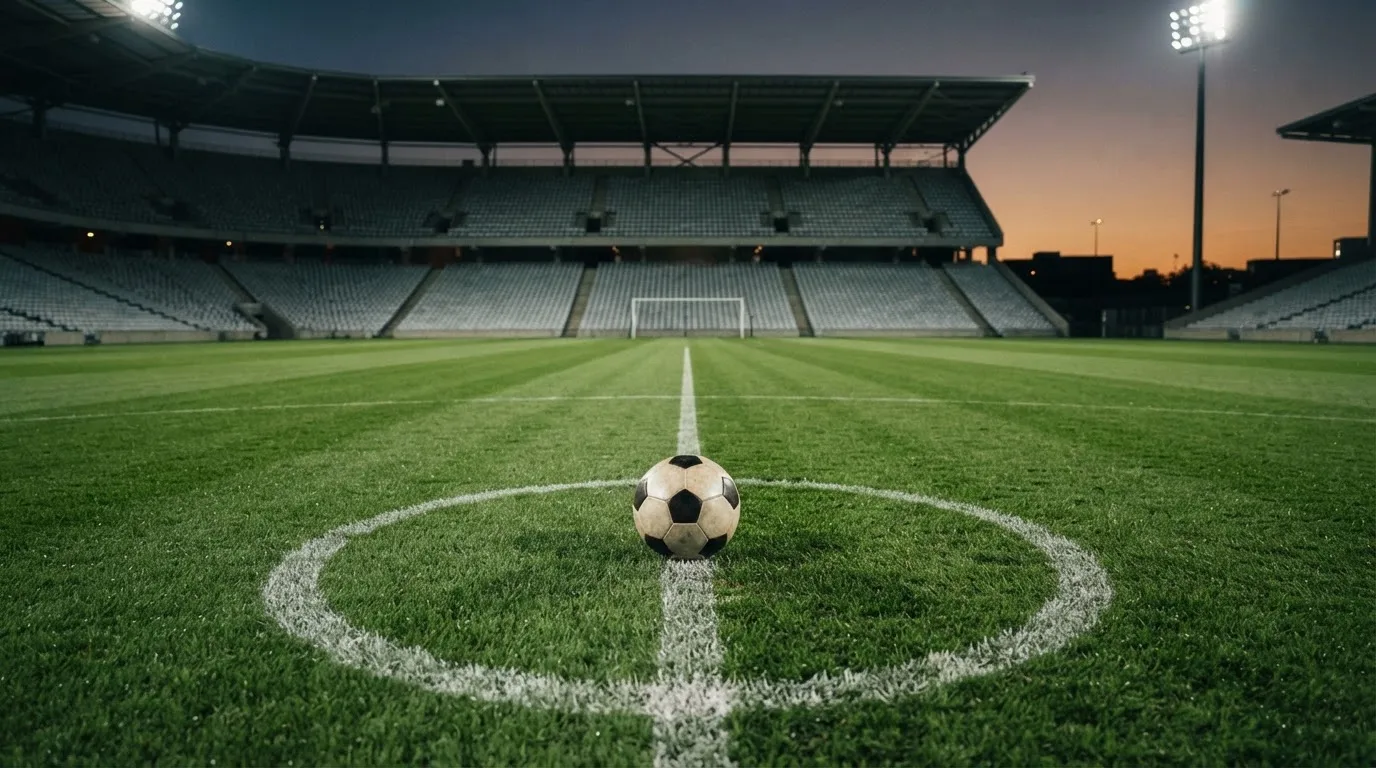 Ein Fußball liegt auf dem Anstoßpunkt eines Rasenplatzes, dahinter eine leere Tribüne im Abendlicht.