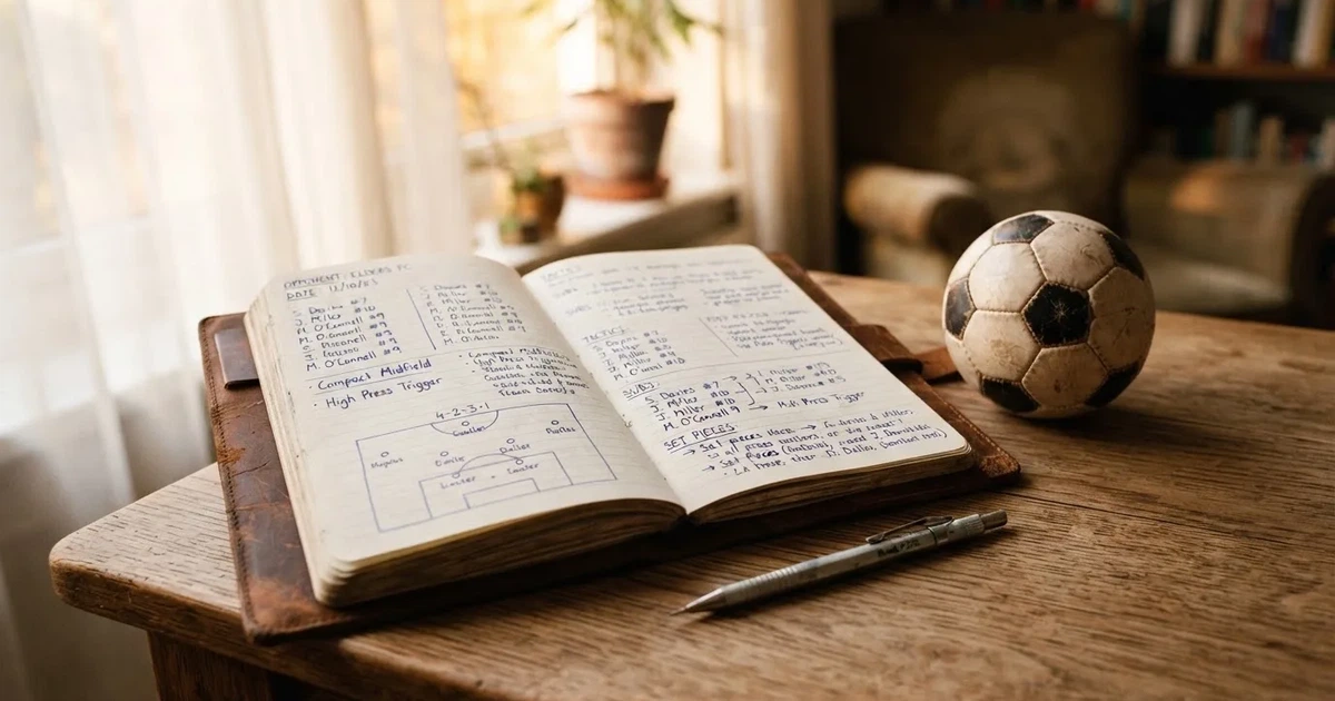 Ein Notizbuch mit handschriftlichen Notizen und einem Bleistift liegt auf einem Holztisch, daneben ein kleiner Fußball im Tageslicht.