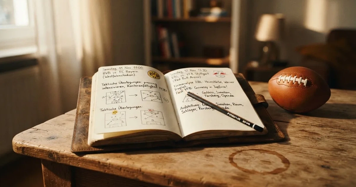 Ein Notizbuch mit handschriftlichen Notizen und einem Bleistift liegt auf einem Holztisch, daneben ein kleiner Fußball im Tageslicht.