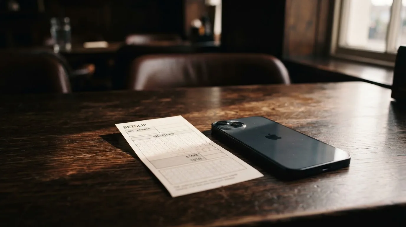 Ein Smartphone mit dunklem Display liegt neben einem leeren Papier-Wettschein auf einem Holztisch, Licht fällt von der Seite.