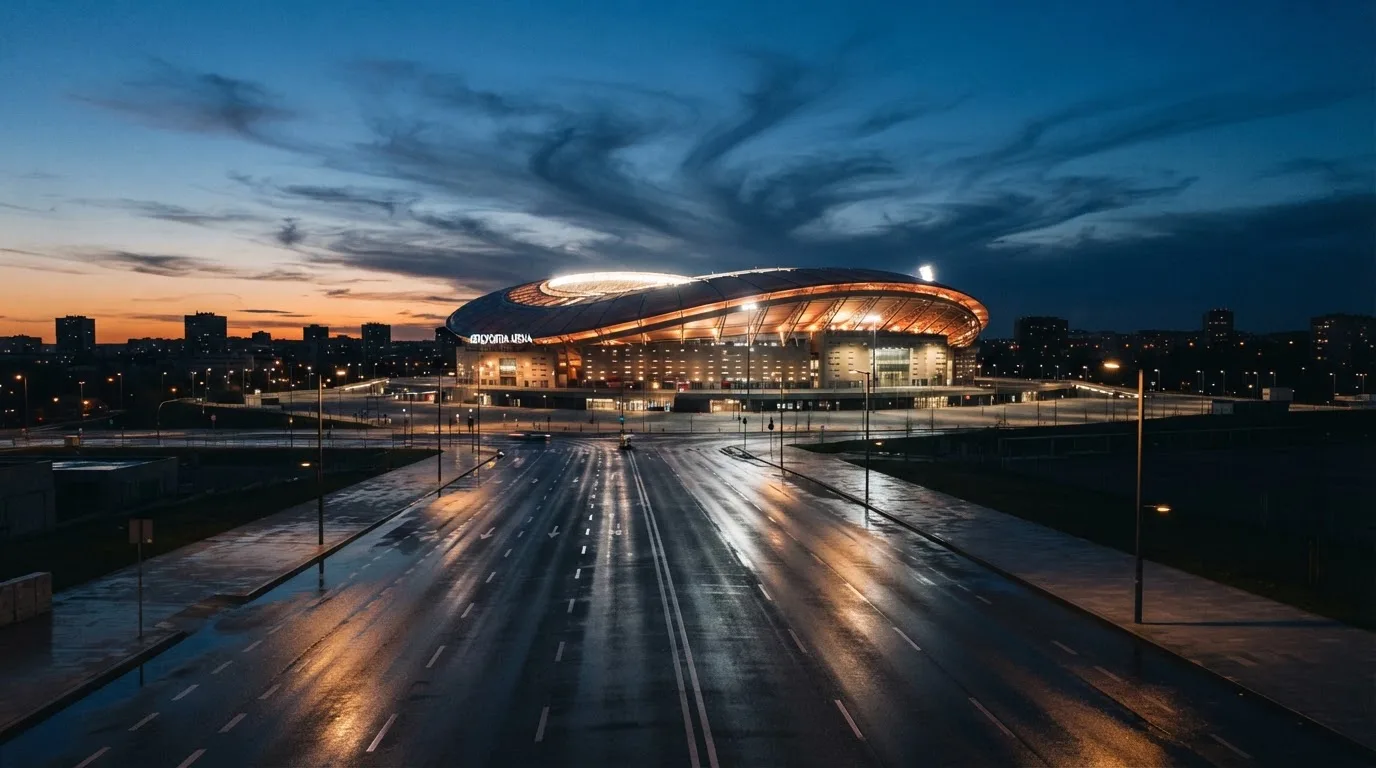 Ein Stadion unter Flutlicht aus großer Entfernung, davor eine leere Straße in der Abenddämmerung.