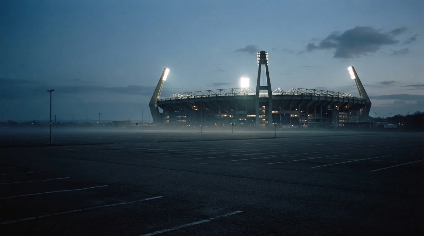 Ein Stadion unter Flutlicht aus der Ferne gesehen, davor ein leerer Parkplatz im Dunst.