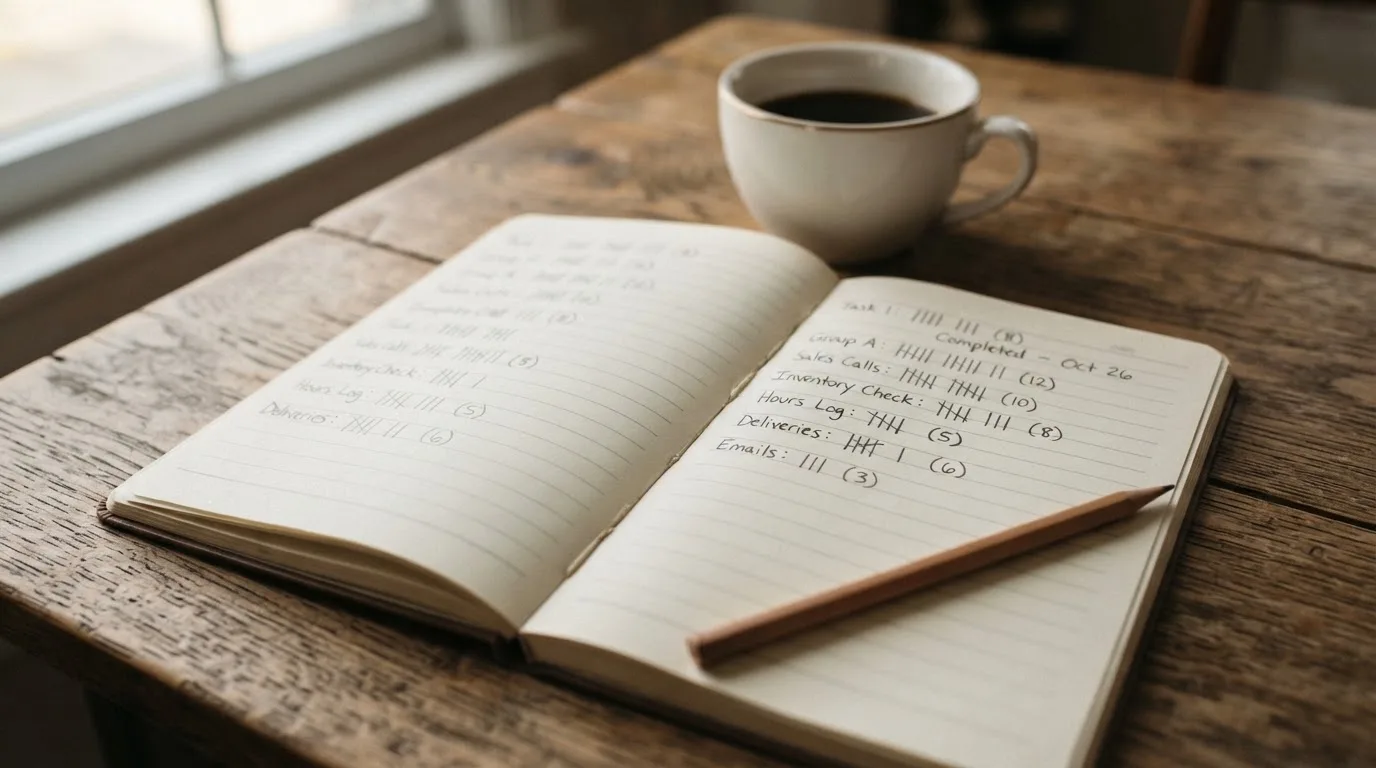 Ein Notizbuch mit handgeschriebenen Strichlisten liegt neben einem Bleistift und einer Kaffeetasse auf einem Holztisch.