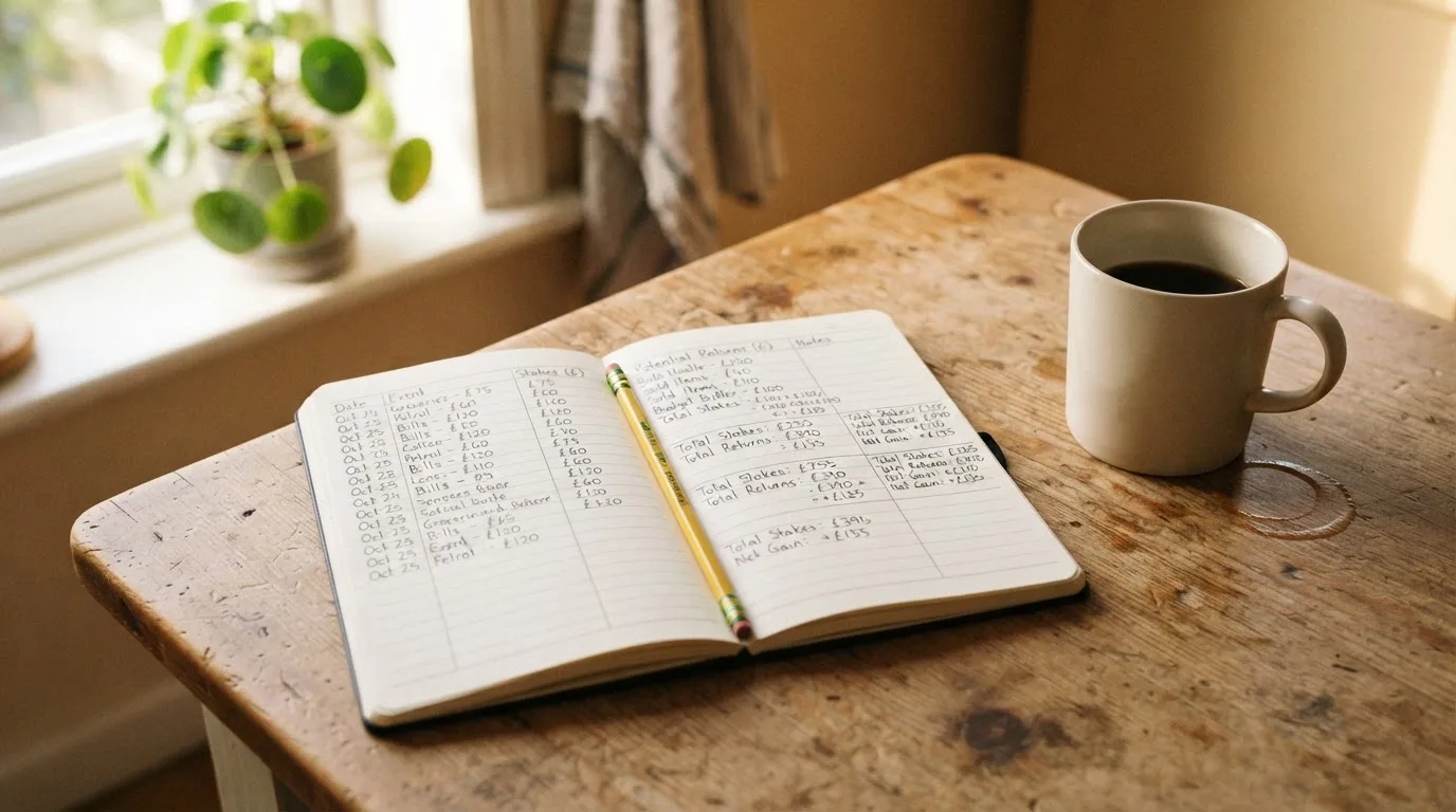 Ein Notizbuch mit handschriftlichen Zahlenreihen und ein Bleistift liegen auf einem Küchentisch neben einer Tasse.
