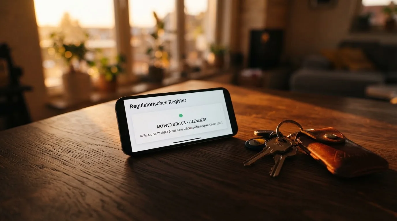 Ein Smartphone mit dunklem Display liegt auf einem Holztisch, daneben ein Schlüsselbund, im Hintergrund ein Fenster mit Abendlicht.