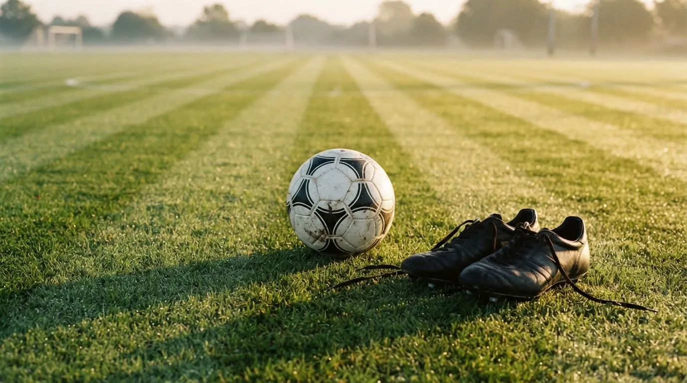 Ein Fußball auf frisch gemähtem Rasen im Morgenlicht, daneben ein Paar Fußballschuhe ohne erkennbare Marke.