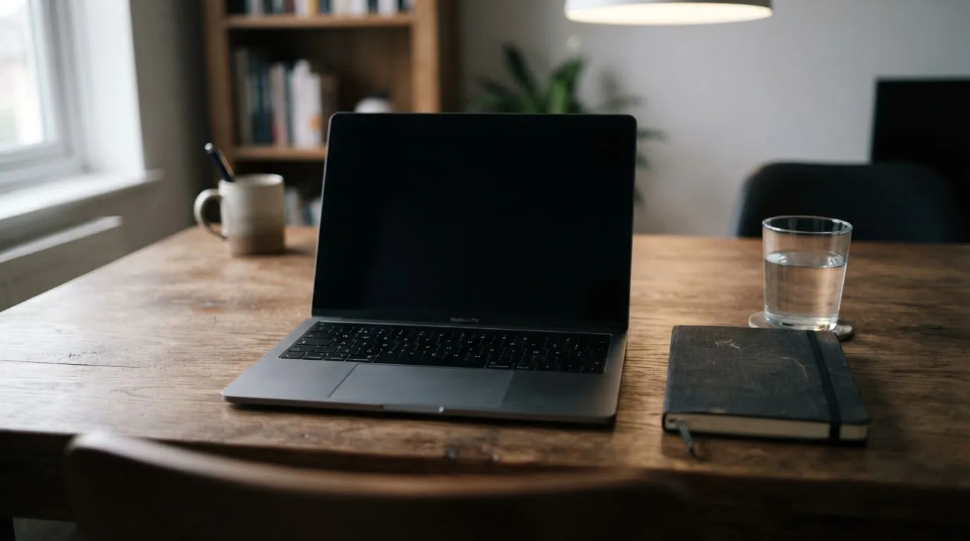 Ein Laptop mit dunklem Bildschirm steht aufgeklappt auf einem Schreibtisch, daneben ein Notizbuch und ein Glas Wasser.