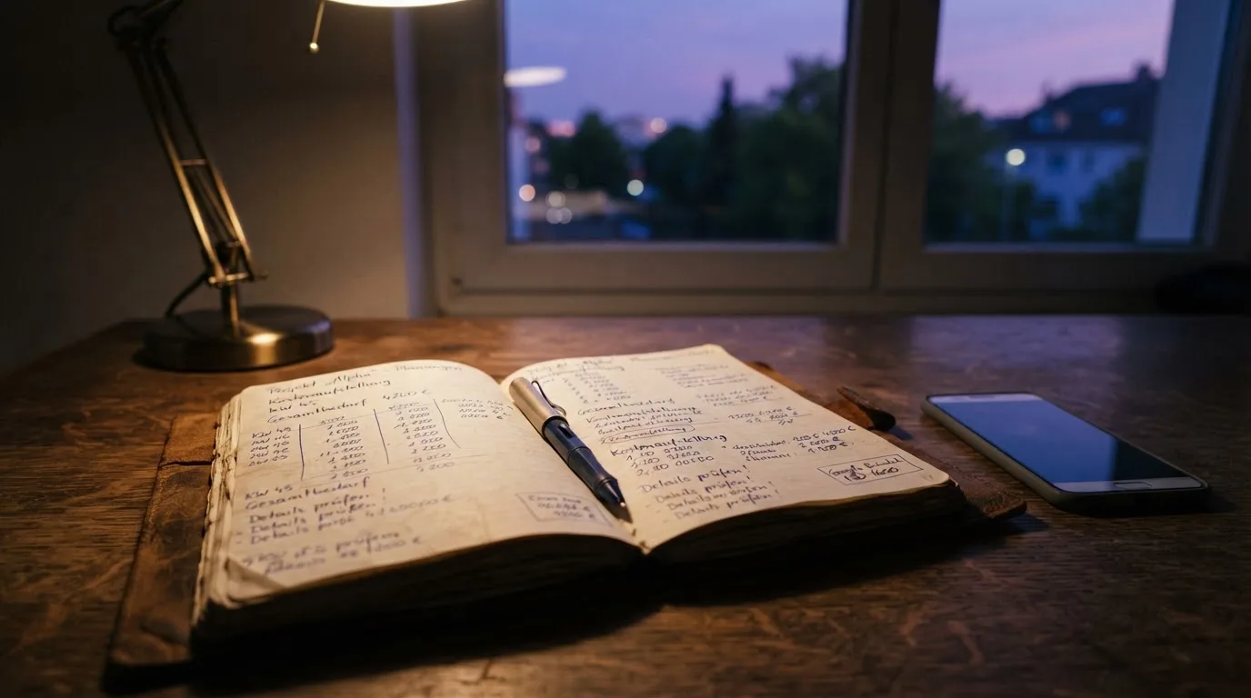 Ein Notizbuch mit handschriftlichen Zahlen liegt neben einem Smartphone mit dunklem Display auf einem Tisch, im Fenster Dämmerlicht.