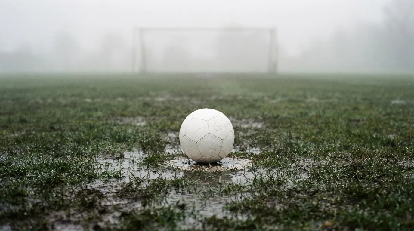 Ein Fußball liegt auf dem Elfmeterpunkt eines nassen Rasenplatzes, im Hintergrund ein leeres Tor im Nebel.