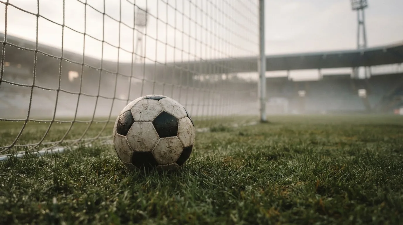 Ein Fußball liegt auf dem Rasen vor einem Tor im Morgennebel, die Netzmaschen sind taufeucht.