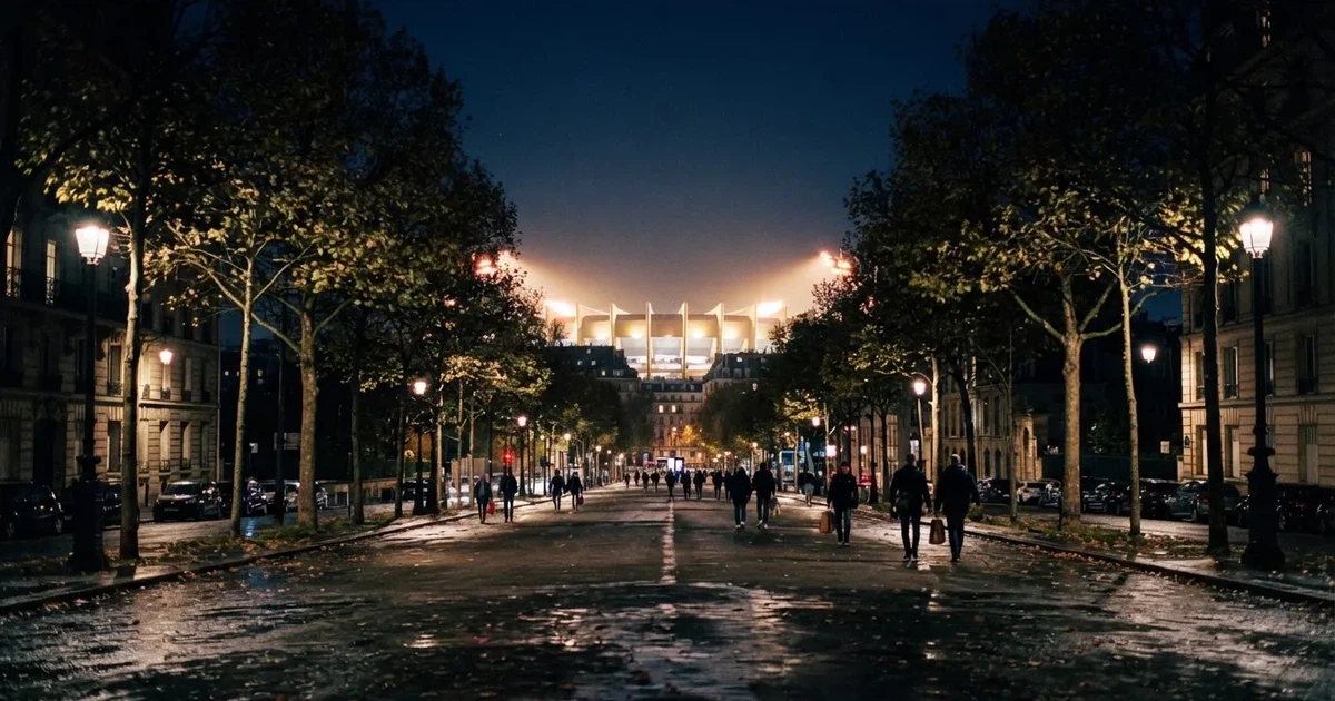 Ein hell erleuchtetes Stadion aus der Ferne bei Nacht, davor eine stille Straße und ein paar Bäume.