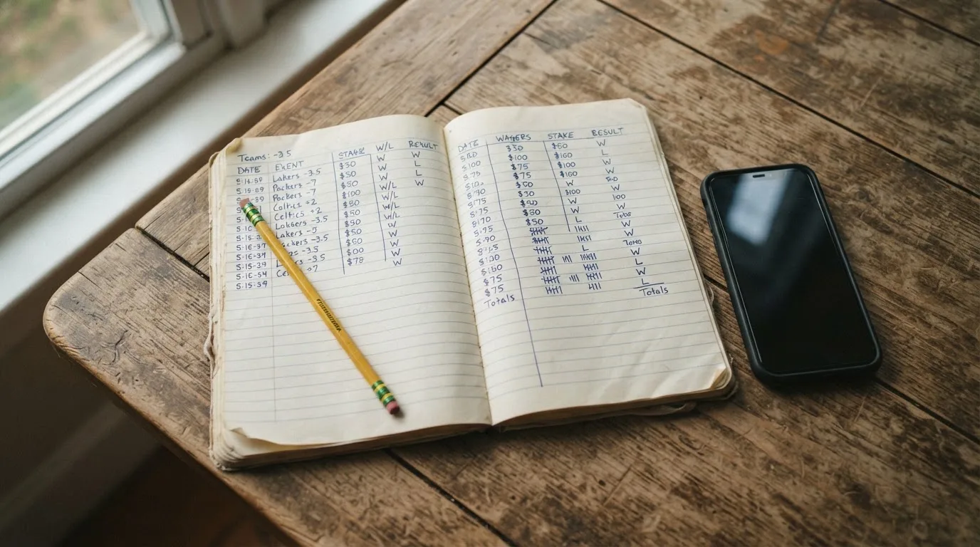 Ein Notizbuch mit handschriftlichen Zahlenreihen liegt neben einem Bleistift und einem Smartphone mit dunklem Display auf einem Tisch.