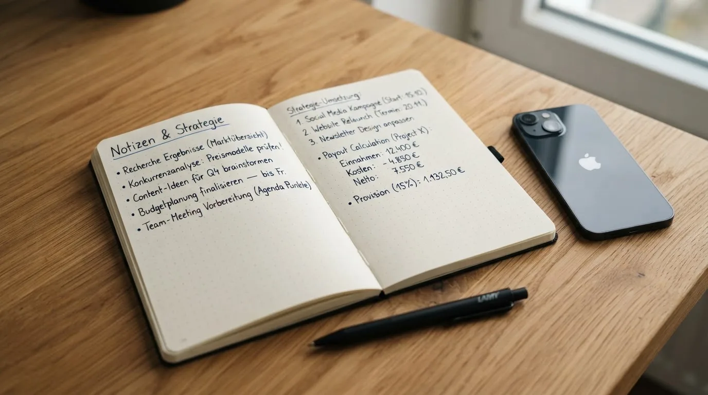 Ein Notizbuch mit handschriftlichen Notizen und ein Taschenrechner liegen auf einem Schreibtisch neben einem Smartphone mit dunklem Display.