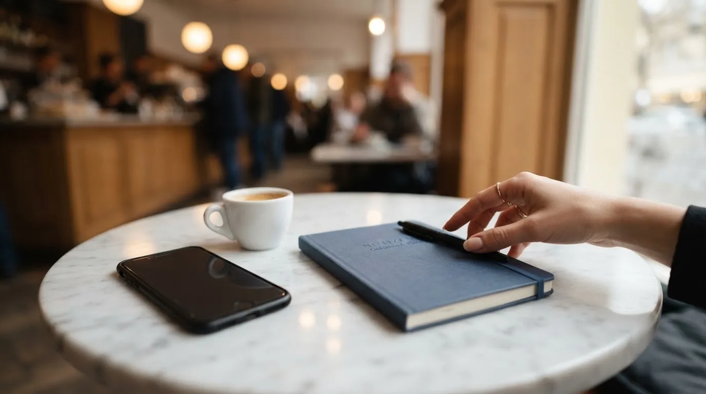 Ein Smartphone liegt mit schwarzem Display neben einer Kaffeetasse und einem Notizblock auf einem Café-Tisch.