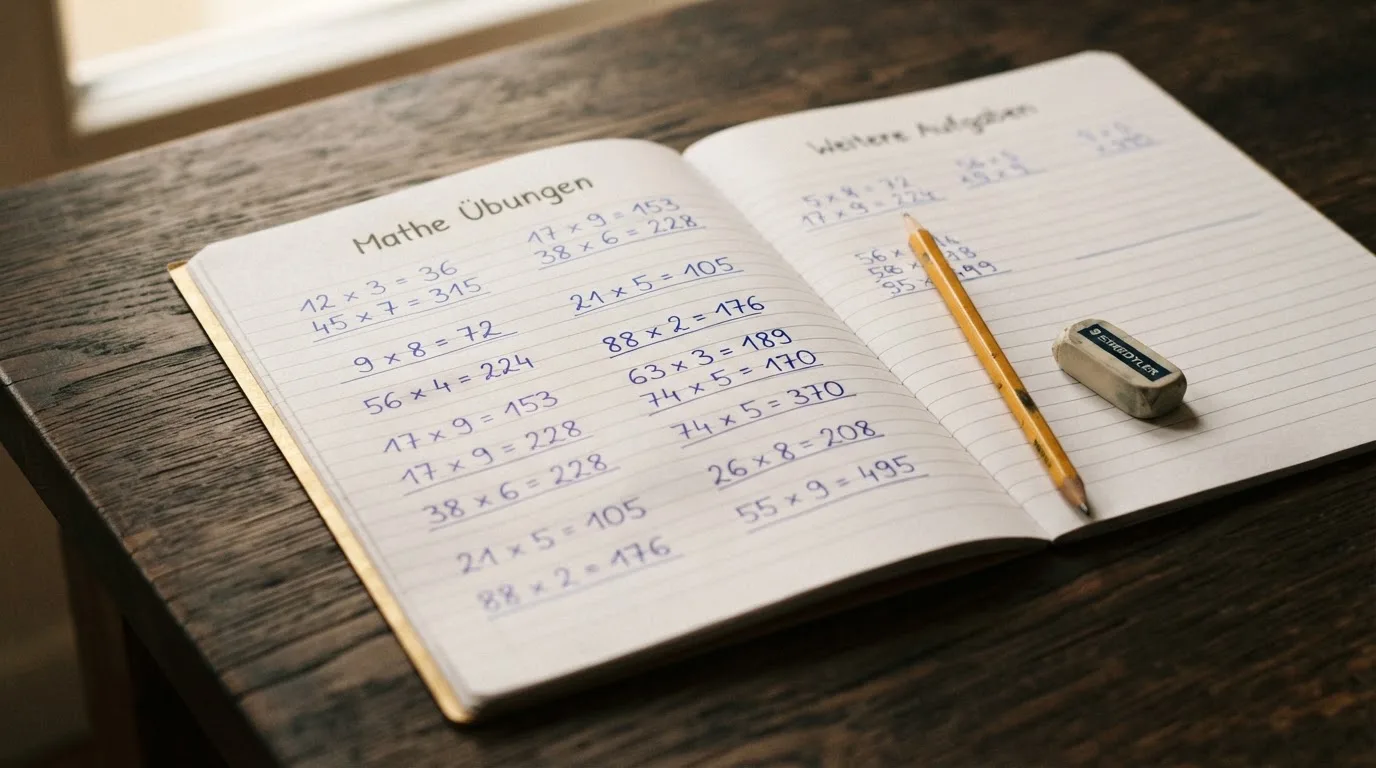 Ein Notizbuch mit handschriftlichen Multiplikationen liegt aufgeschlagen auf einem Holztisch, daneben ein Bleistift und ein Radiergummi.