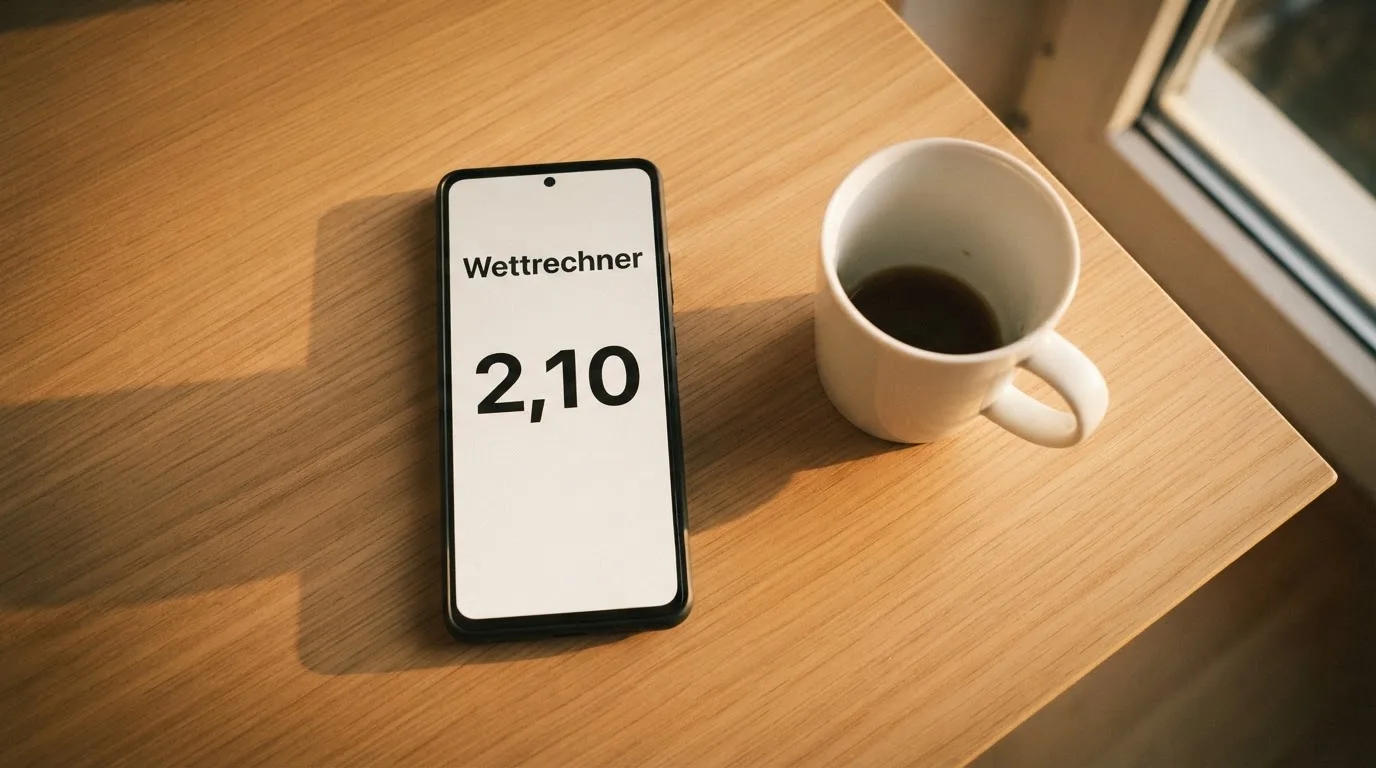 Ein Smartphone mit dunklem Display liegt neben einer Kaffeetasse auf einem Schreibtisch, durch das Fenster fällt Abendlicht.