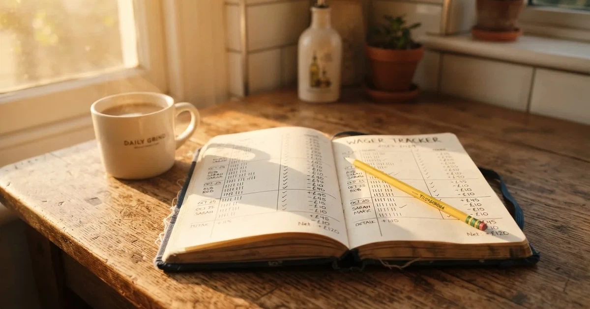 Ein aufgeschlagenes Notizbuch mit handgezeichneten Spalten und Strichen liegt neben einem Bleistift und einer Kaffeetasse auf einem Tisch am Morgen.